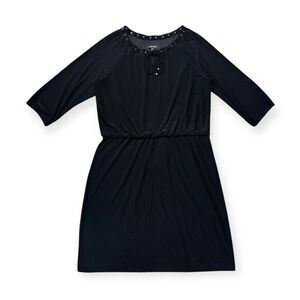 Nine West Dress Women’s 14 Gold Grommet Tie Neck Cinched Waist Black LBD